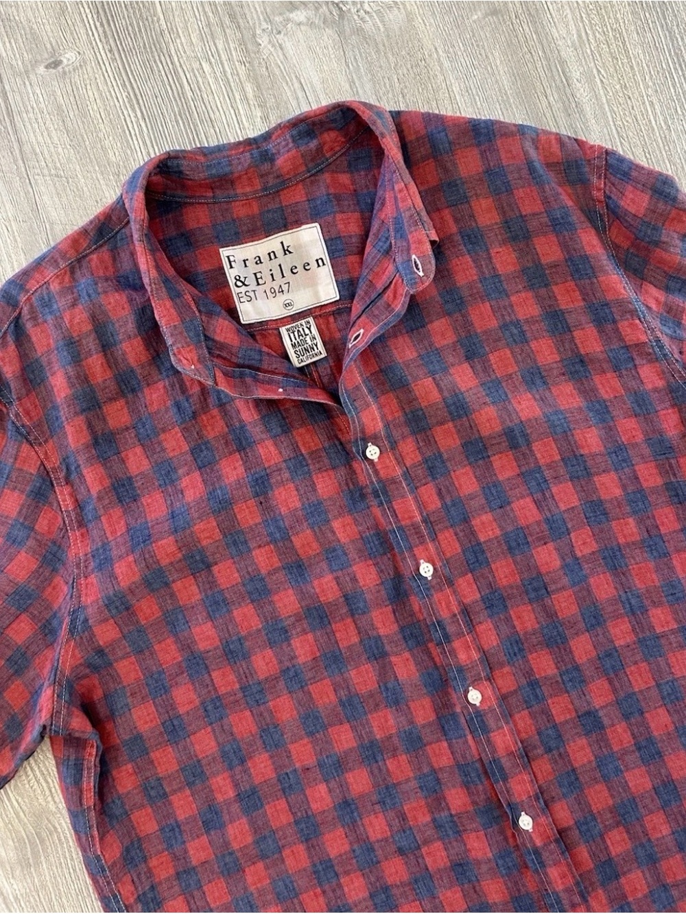 Frank & Eileen Mens XXL Red Navy Buffalo Check Linen Short-Sleeve Button Shirt